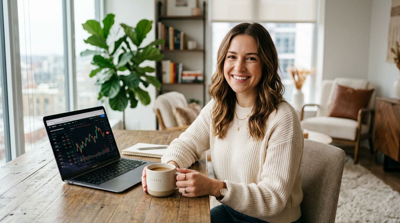 Junge Frau lernt investieren am Laptop